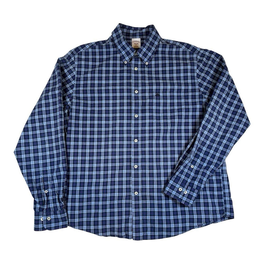 Brooks Brothers Men's L Blue Plaid 100% Cotton Sheep Logo Preppy Classic